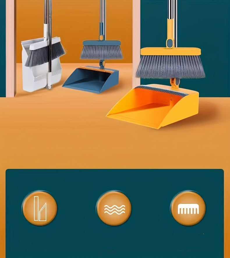 Household Broom And Dustpan Set, Long Handle Floor Cleaning Broom Dustpan Set, Rotatable Broom And Dustpan With Comb Tooth, To Remove Dust And Garbage, For Home, Kitchen, Room, Office, Cleaning Supplies, Cleaning Tool,